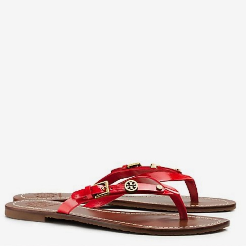 Tory Burch Women’s Flat Thong Patent Saffiano sandals Masai-Red(orange red)Sz 8 - Picture 7 of 7